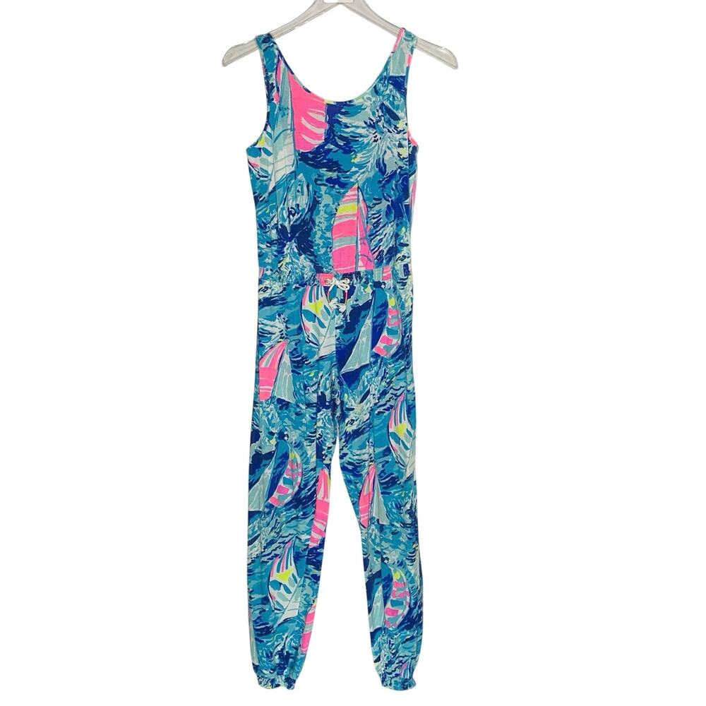 Lilly Pulitzer Imogene Jumpsuit XL Girls Sparkling Blue Hey Bay Bay Floral